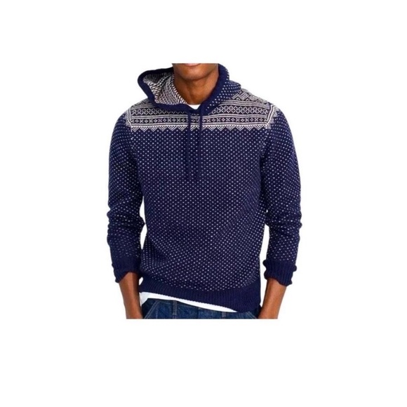 J. Crew Other - J.Crew Mercantile Lambswool blend Fair Isle Knit Hoodie Sweater Navy Blue Size L